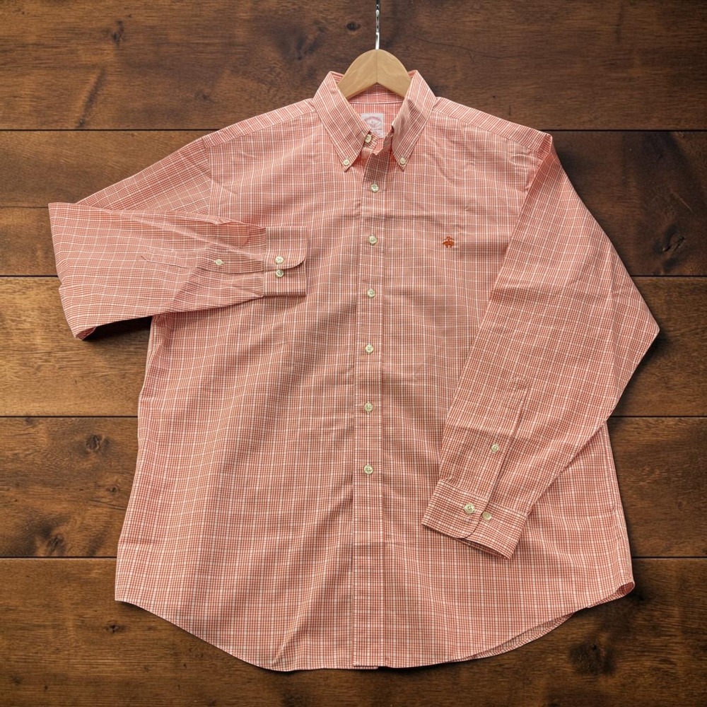 Brooks Brothers 346 Mens (L) Orange White Gingham Non-Iron Button Down Shirt